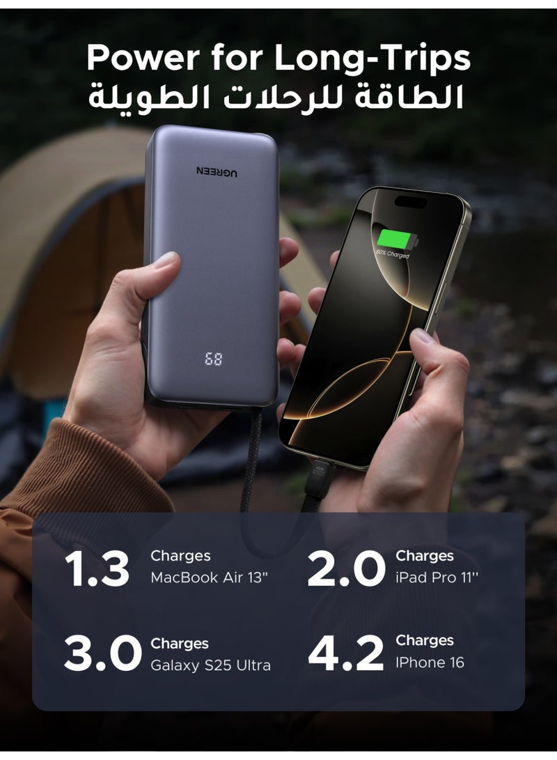 UGREEN Nexode Power Bank 20000mAh, USB C Fast Charging Battery Pack with Built-in Cable, 45W PD 3.0