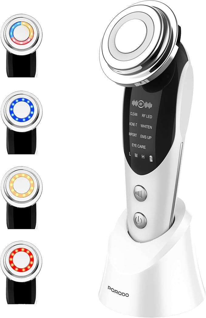 Porodo 7-in-1 Microcurrent Facial Massager with Warm Vibration, Serum Infusion, 70min Working Time, 7× Massage Modes, 4× LED Light Colors, 3× Initiating Levels, Anti-Aging Neck & Face Rejuvenation