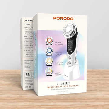 Porodo 7-in-1 Microcurrent Facial Massager with Warm Vibration, Serum Infusion, 70min Working Time, 7× Massage Modes, 4× LED Light Colors, 3× Initiating Levels, Anti-Aging Neck & Face Rejuvenation